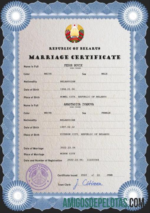 Certidão de casamento na Bielorrússia modelo